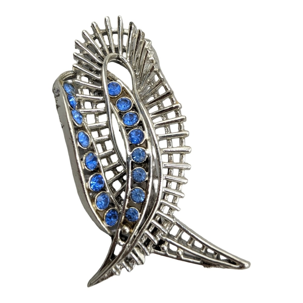 Vintage TRIFARI Silver Tone Blue Rhinestone Abstract Swirl Brooch Pin
